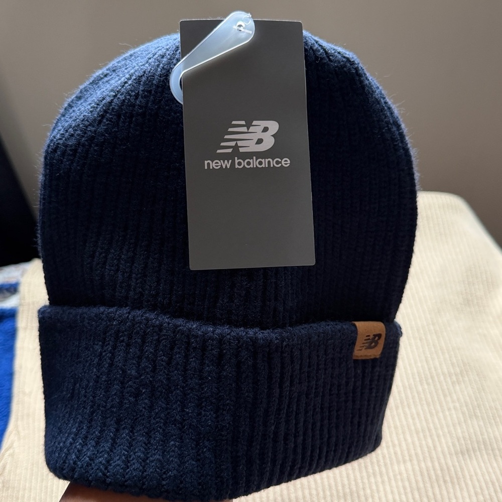 New Balance Navy Ribbed Cuff Beanie with Leather Logo - Picture 2 of 3
